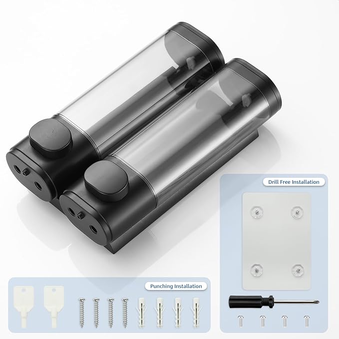 Pollock Shower Dispenser 2 Chamber No Drill Shampoo Conditioner Body Wash Dispenser for Bathroom, Large Capacity, Black
