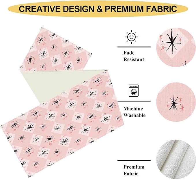 Pink Table Runner, Retro Mid Century 1950s Checkered Modern Abstract Geometric Coffee Table Center Decor for Home Kitchen Dining Patio Holiday Party Indoor Outdoor Table Decorations, 13"x108" Inch