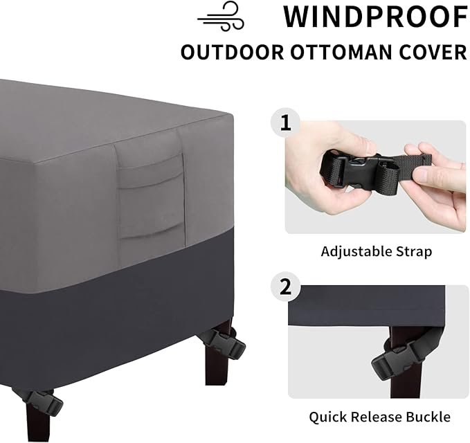 Easy-Going Outdoor Ottoman Cover, Waterproof Patio Ottoman Cover, Heavy Duty Outdoor Furniture Cover with Padded Handles (28"x28"x17", Gray/Dark Gray)