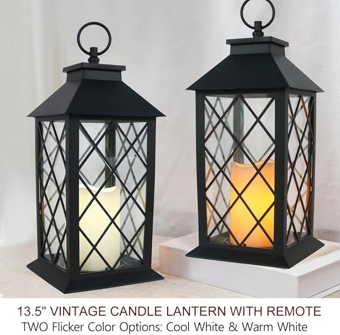 13.5" Decorative Candle Lantern with Timer Candles - IP44 Waterproof Vintage Lanterns Battery Powered LED Decorative for Wedding - Warm White Hanging Wall Lanterns