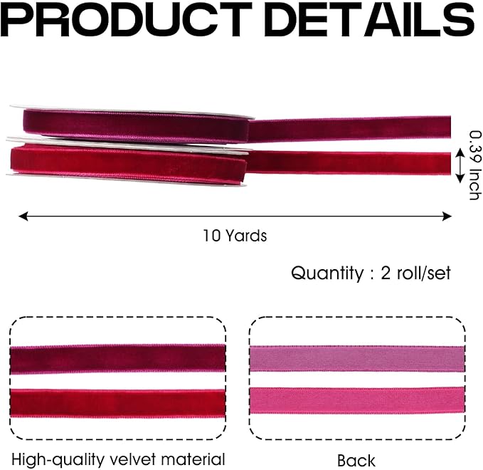 YKW Red Velvet Ribbon Set, 2 Rolls 3/8 inch x 10 Yards Christmas Holiday Ribbon for Gift Wrapping, Crafts, Valentine Decorations, Party Supplies, Wedding