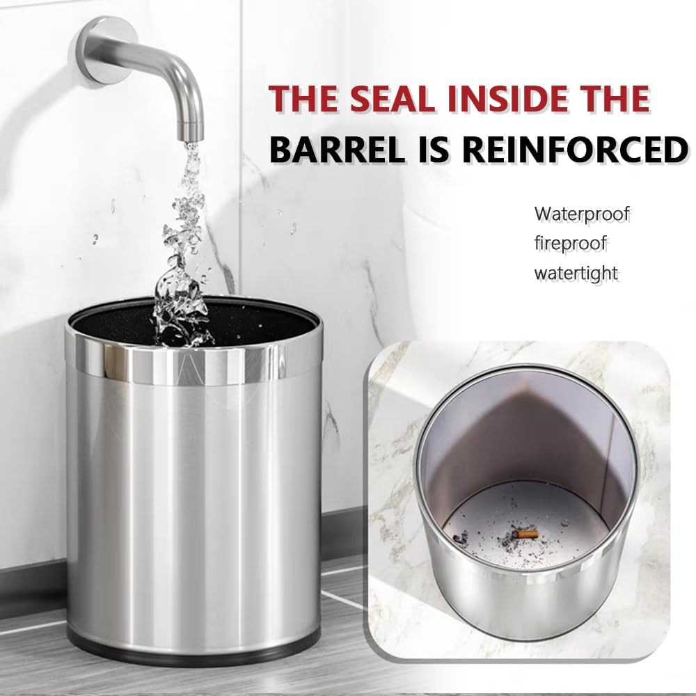 2.6Gallon/10L，Stainless Steel Bathroom Trash Can,Chrome Trash Can,Silver Garbage Can for Office，Wastebasket for Hotel，Office，Store，Metal Trash bin Without lid (Silver)