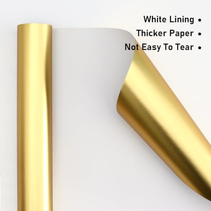 NESCCI Matte Metal Gold Wrapping Paper, Solid Color Paper-2 Roll,17 Inches X 32.8 Feet Per Roll,Gift Wrapping Paper,Perfect for Wedding,Valentine's Day,Birthday,Baby Shower,DIY Bouquet