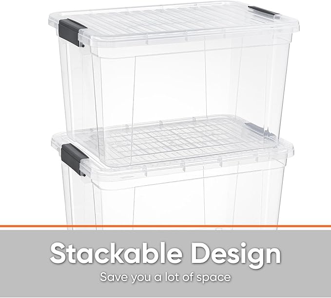 Superio Small Storage Bins with Lids- 4 Pack, 4.75 Qt Clear Boxes for Organizing, Stackable Plastic Containers- BPA Free, Non-Toxic, Odor Free, Organizer for Home, Office, Dorm