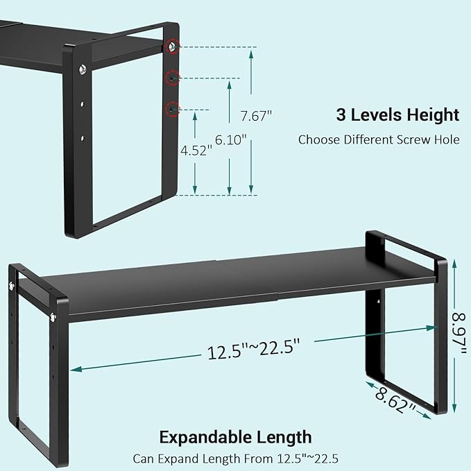 2 Pack Expandable Cabinet Organizer Shelves, 88lbs High Weight Capacity, Stackable Heavy-Duty Metal Storage Rack, Adjustable Cabinet Shelf for Kitchen, Pantry, Cupboard, Under Sink, Black