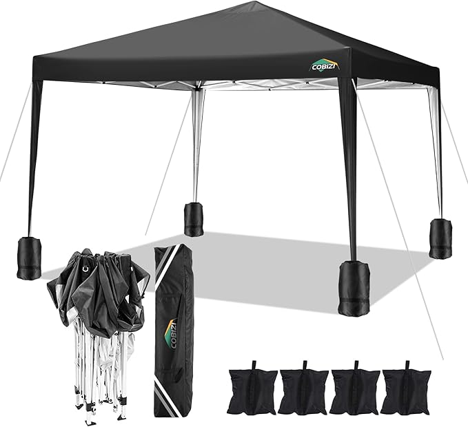 COBIZI 10x10 Pop Up Canopy Tent with 4 Sandbags, Easy Set Up Gazebo, Instant Outdoor Sun Shade &Waterproof Canopy with 8 Stakes,4 Ropes&Carry Bag, Tents for Parties, Beach, Backyard,Camping(Black