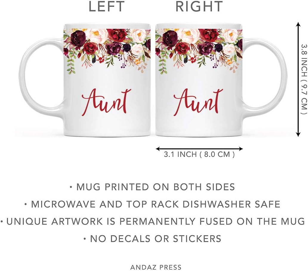 Andaz Press 11oz. Mother's Day Ceramic Coffee Tea Mug Gift, Fall Autumn Marsala Burgundy Flowers Roses Florals, Aunt, 1-Pack, Includes Gift Box