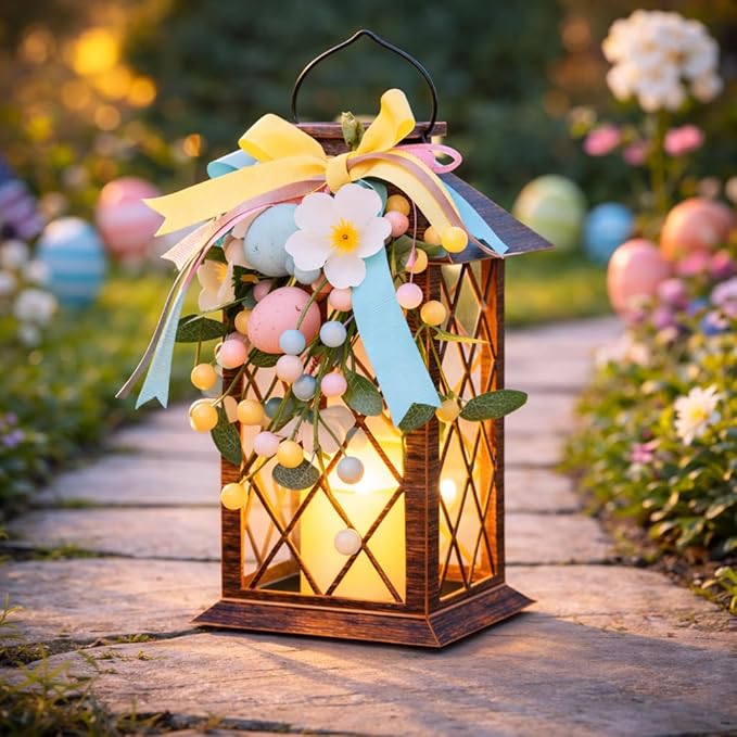 Easter Solar Lanterns Outdoor, Waterproof Garden Hanging Lanterns, 13" Outdoor Decorative Lantern with LED Flickering Flameless Candles, Easter Lantern for Porch, Yard,Patio Decor