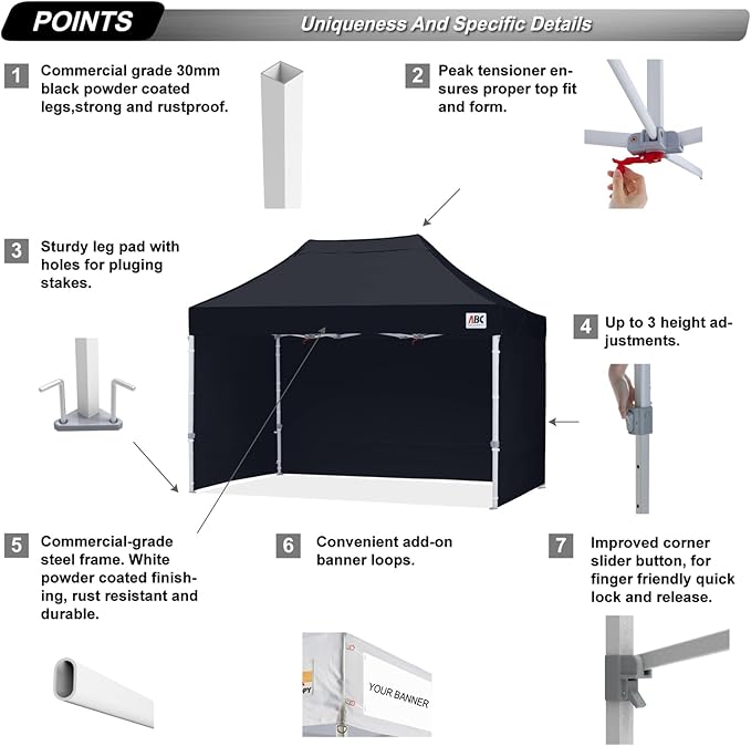 ABCCANOPY Easy Pop Up Canopy Tent with Sidewalls 10x15 Commercial -Series,Black