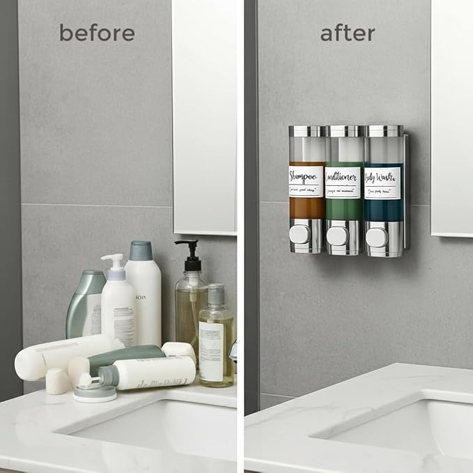 Soap Dispenser - 3 Chamber - 3x300ml - No Drill Wall Mount Bottles Organizer Toiletries for Cream Lotion Liquid Soaps Shampoo Conditioner Storage - Modern Essentials Bathroom Set - Silver 1
