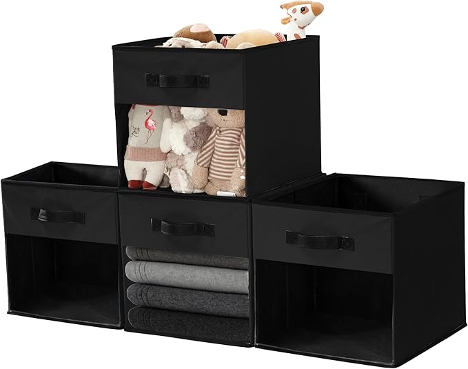 DECOMOMO Kallax Storage Cubes, 13x15x13 Storage Cube Bins with Window, Baskets for Organizing Shelves (Kallax / 4pcs, Black)
