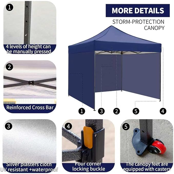 10x10 Pop up Canopy Tent with Sidewalls,Heavy Duty Waterproof Sun Shade Canopy Easy up Canopy with Wheel Bag Commercial Gazebo Tent for Outdoors Parties Vendors Camping Beach (Navy Blue)