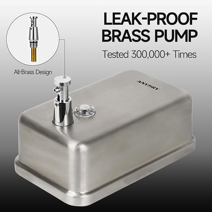 anydry Commercial Soap Dispenser Wall Mount, Brushed Stianless Steel Finish Manual Liquid Soap Dispenser - 37oz (1100ml) Model AD1003