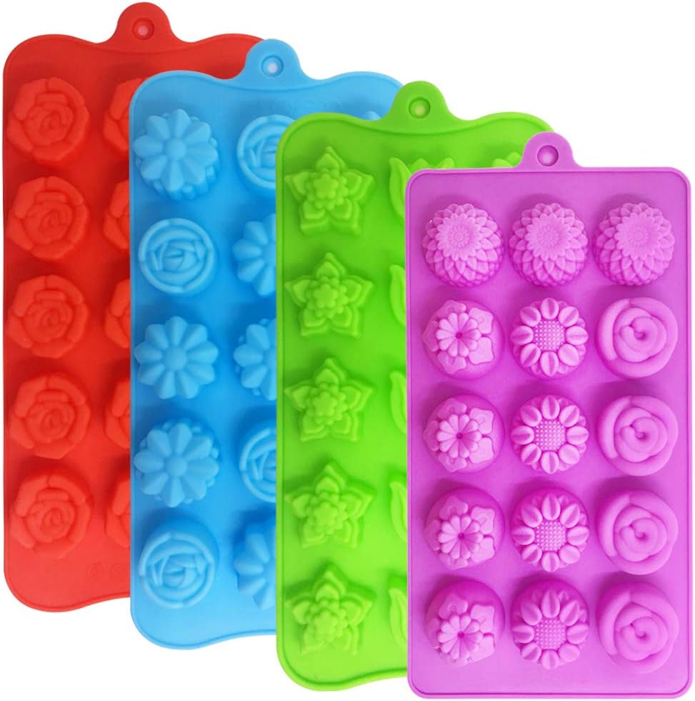 4 Pack Flower Shape Chocolate Candy Molds Set,DanziX Silicone 15 Cavity Baking Mold Ice Cube Tray for Wedding,Festival,Parties and DIY Crafts-Green