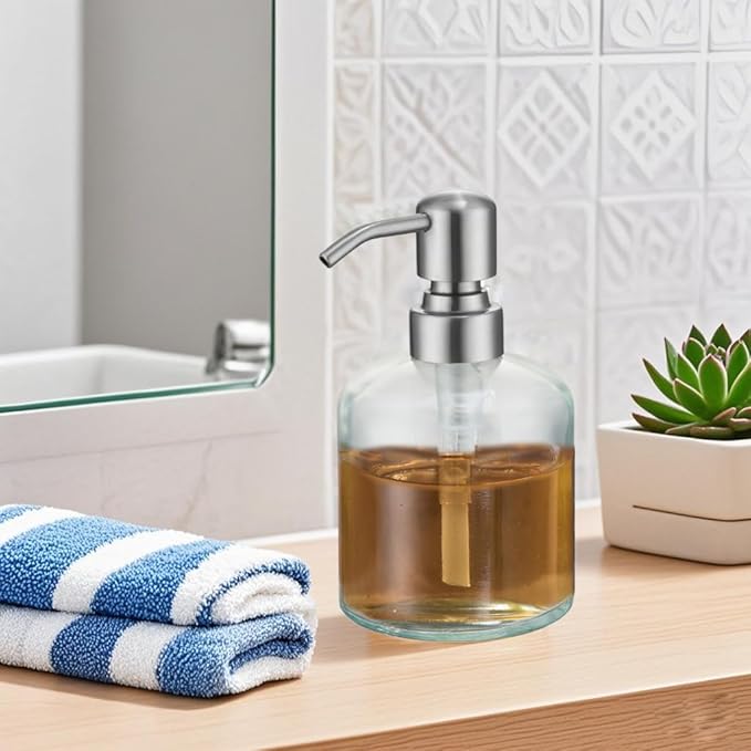 Clear Glass Soap Dispenser, 11 Oz Boston Round Bottle Dispenser with Stainless Steel Pump, Refillable Kitchen & Bathroom Countertop Dish Soap Dispenser, Brushed Nickel
