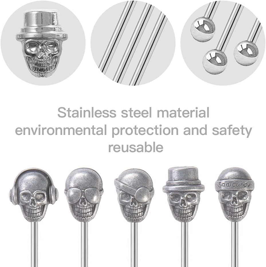 Skull Shape Swizzle Sticks, Reusable Stainless Steel Coffee Beverage Stirrers Cocktail