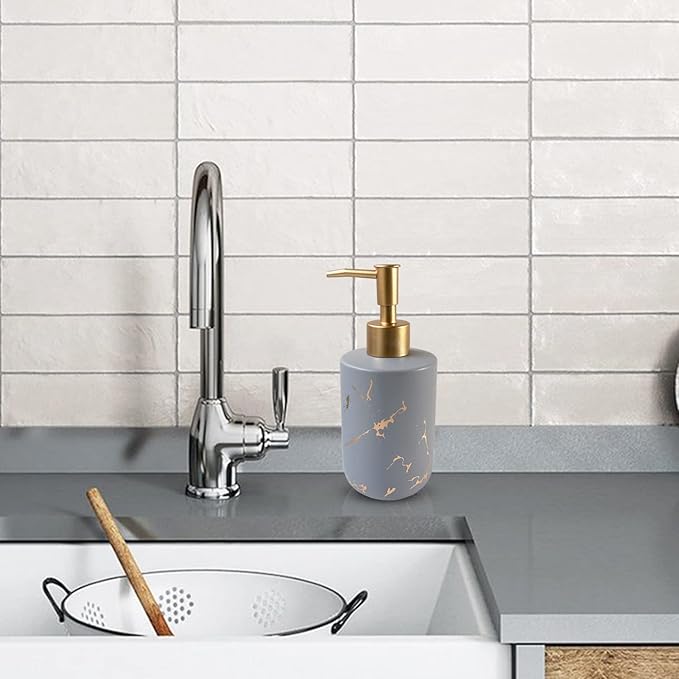 Gold Ceramic Soap Dispenser With Marble Pattern for Bathroom and Kitchen - Liquid Hand Pump Bottle (Grey)