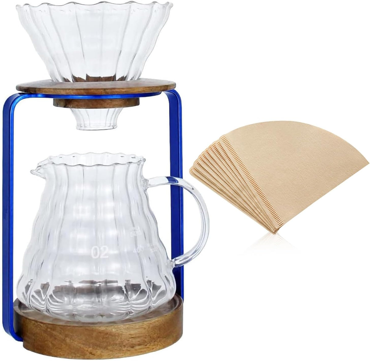 Sotech Pour Over Coffee Dripper Stand with Metal Stand Wooden Filter Holder Glass Server with Paper Coffee Filters
