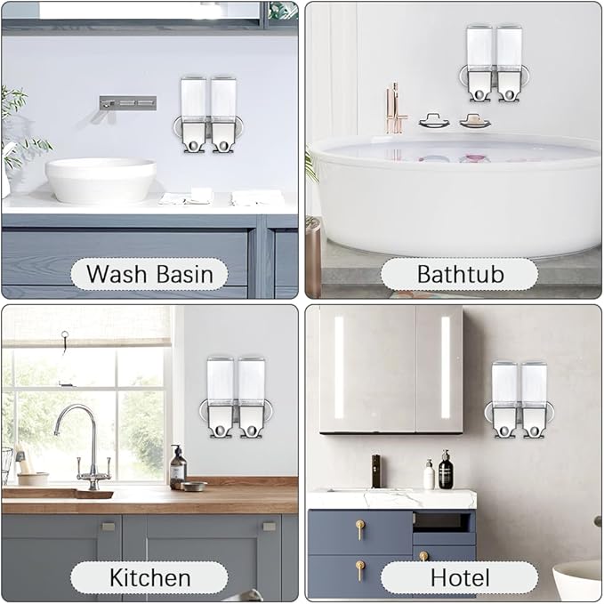 2 x 500ml Shampoo and Conditioner Dispenser No Drill Wall Mounted Manual Shower Soap Dispenser for Home, Bath, Kitchen, Hotels, Restaurants Shower and Lotion Dispenser (Clear)