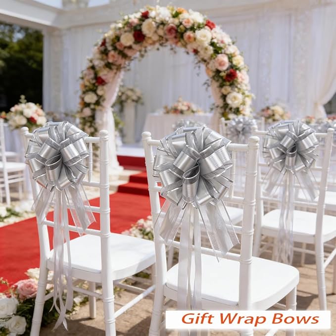 Silver Bows for Gift Wrapping, 6PCS Gift Bows for Wedding, Christmas, Birthday Decor, Gift Basket & Party Decorations, 6 Inches (Silver)