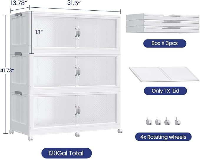 40Gal/120QT 3-Tiers Extra Large Stackable Storage Bins with Lid, Collapsible Cabinet Closet Organizer Plastic Container Box with Wheels Doors Drawers for Living Room Kitchen Office, White