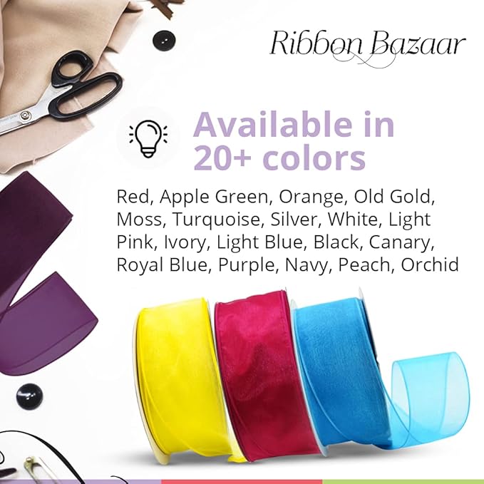 Ribbon Bazaar Sheer Organza Wired Ribbon - Wire Edged Ribbon for Floral Decor, Table Arrangements, Apparel Embellishment & More - 1-1/2" Orange 25yd Spool