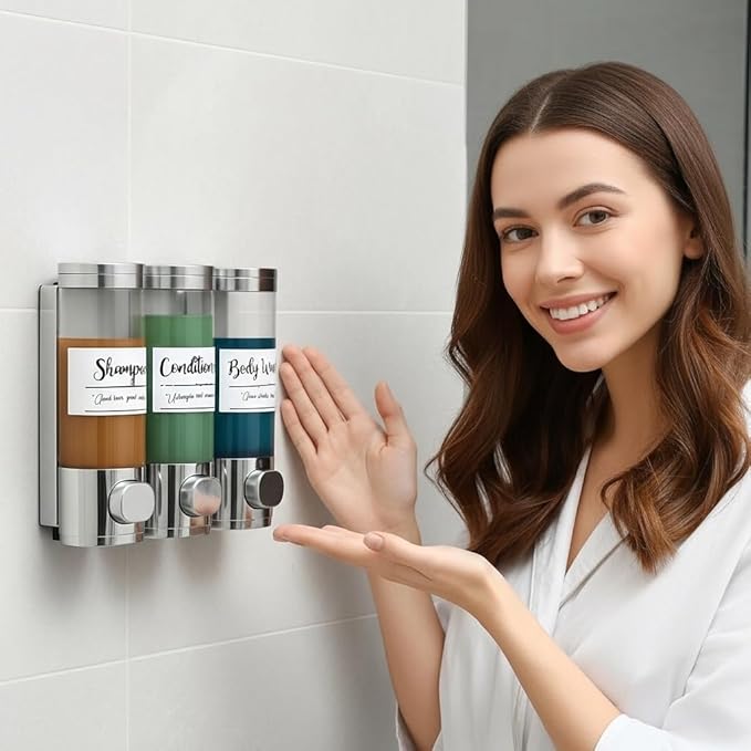 Soap Dispenser - 3 Chamber - 3x300ml - No Drill Wall Mount Bottles Organizer Toiletries for Cream Lotion Liquid Soaps Shampoo Conditioner Storage - Modern Essentials Bathroom Set - Silver 1