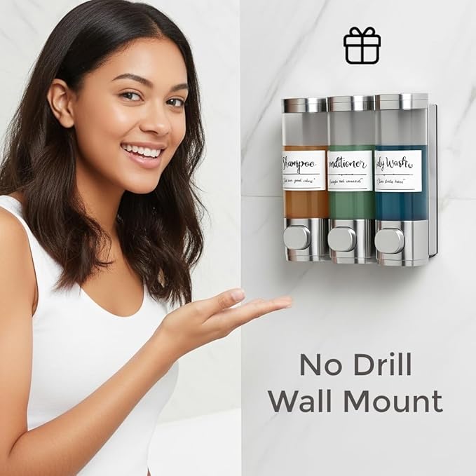 Soap Dispenser - 3 Chamber - 3x300ml - No Drill Wall Mount Bottles Organizer Toiletries for Cream Lotion Liquid Soaps Shampoo Conditioner Storage - Modern Essentials Bathroom Set - Silver 1