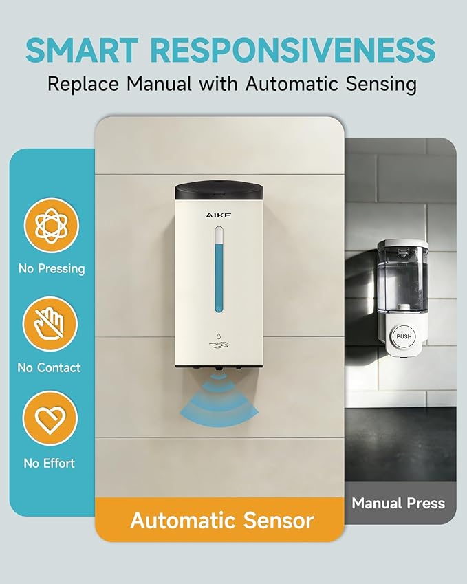 AIKE Classic Automatic Soap Dispenser,25 oz Liquid Wall Mount,MatteWhite Stainless Steel Finish Model AK1205E