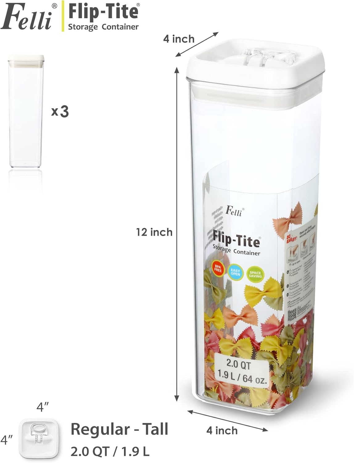 Felli Flip Tite Tall Storage Container with Lid 4" Air Tight Easy Open Ring Top, Clear Acrylic Skinny Canister Jar for Spaghetti Lasagna Fettuccine
