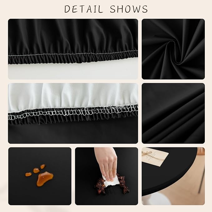 Round Fitted PU Tablecloth with High Elastic Edge 24 Inch Dia Waterproof Oil Proof Table Cloth Anti-Scald Stain-Resistant Wipeable Table Cover for Indoor Outdoor Picnic (Black,24" Dia)
