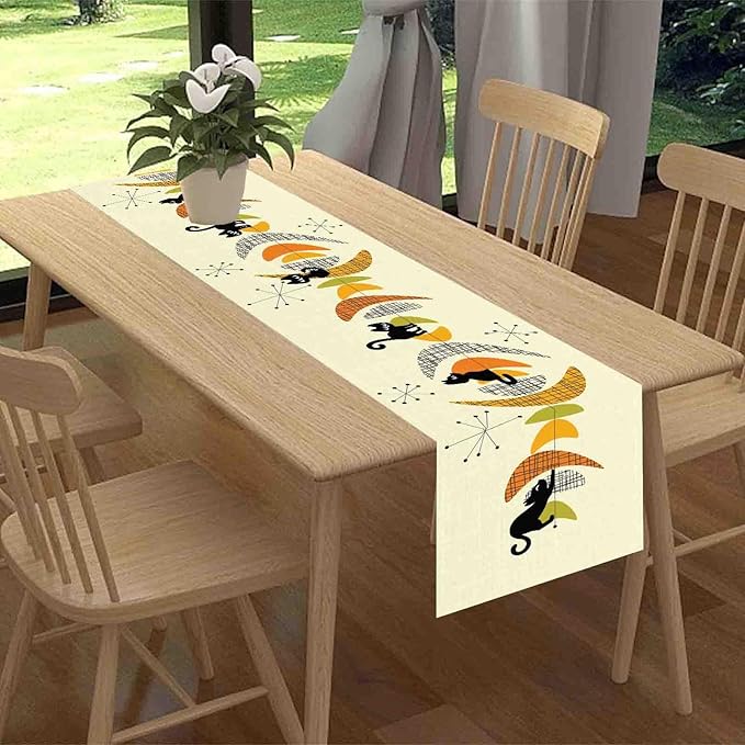Mid Century Table Runner, Retro 1950s Black Cat Atomic Modern Abstract Coffee Table Center Decor for Home Kitchen Dining Patio Holiday Party Indoor Outdoor Table Decorations, 13"x108" Inch