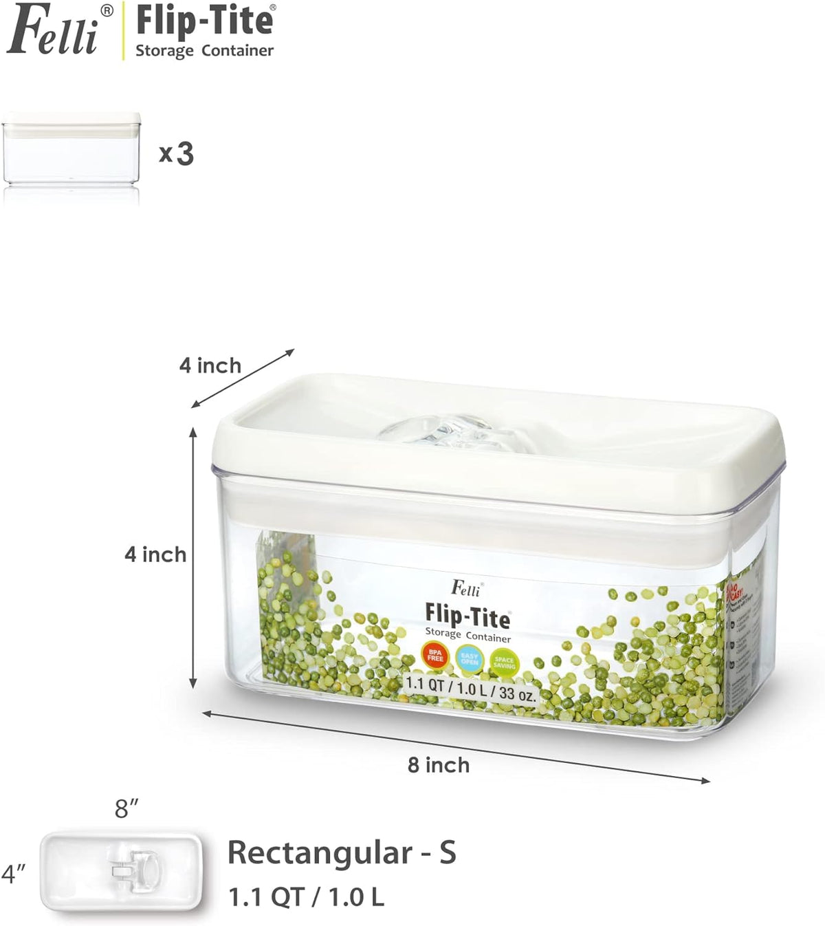 Felli Flip Tite Food Storage Container with Lid 4” Rectangle Airtight Ring Flip Lock Top