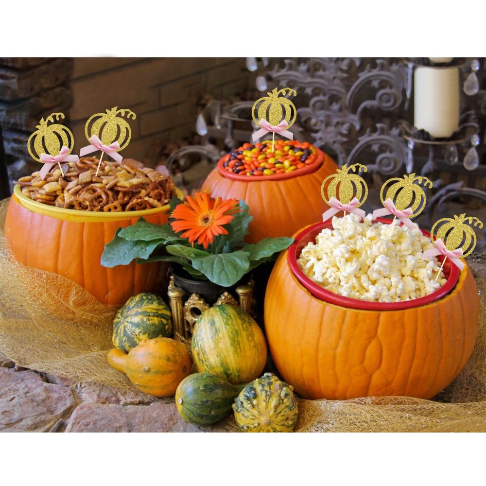 Pumpkin Cupcake Topper Fall Theme Cake Decoration for Pumpkin Themed Baby Shower Party Supplies, Pumpkin Food Pick - Set of 24 (Pink Bow)
