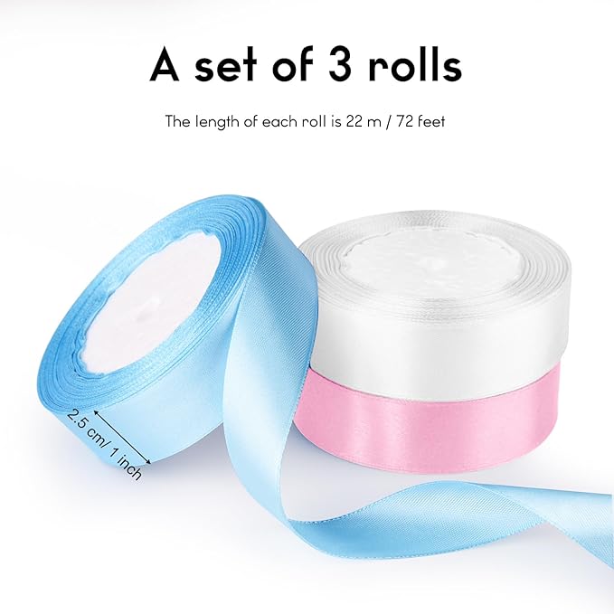 ASTARON Satin Ribbon for Crafts 1 Inch, Pink Blue Solid Color Fabric Ribbon for Gifts Bouquets Wrapping DIY Hair Bows Birthday Wedding Baby Shower Gender Reveal Party Decorations