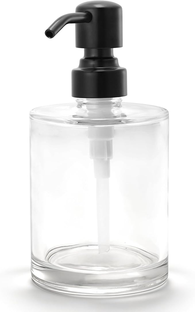 Bathroom Soap Dispenser Glass with Black Pump, 11 OZ Clear Cylinder Bottle with Stainless Steel Pump Refillable Liquid Hand Soap Dispenser for Kitchen Countertop