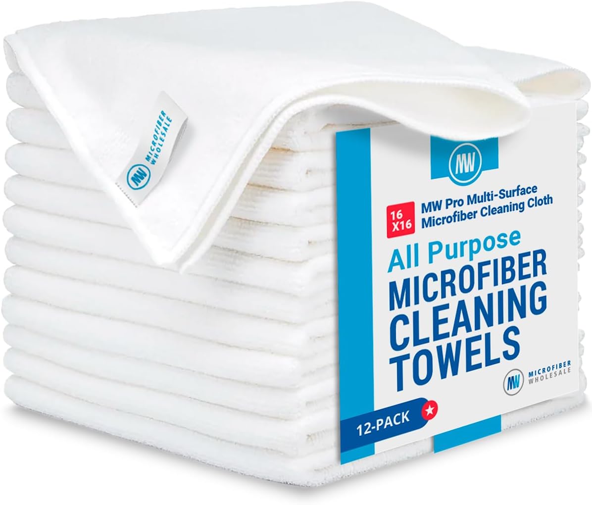 MW Pro Microfiber Cleaning Cloth, White (12 Pack), Size 16" x 16", All Purpose Microfiber Towels - Clean, Dust, Polish, Scrub, Absorbent