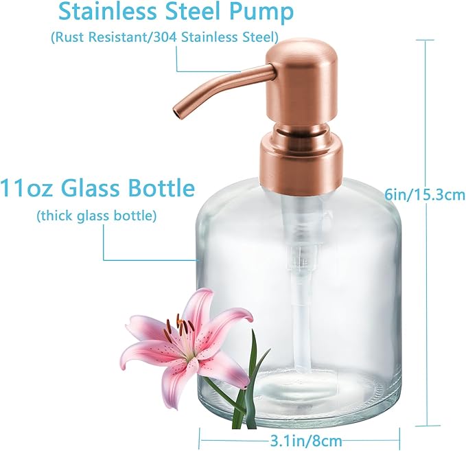 Clear Glass Soap Dispenser, 11 Oz Boston Round Bottle Dispenser with Stainless Steel Pump, Refillable Kitchen & Bathroom Countertop Dish Soap Dispenser, red Bronze