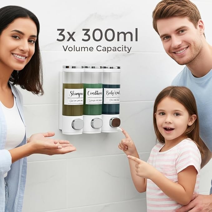 Soap Dispenser - 3 Chamber - 3x300ml - No Drill Wall Mount Bottles Organizer Toiletries for Cream Lotion Liquid Soaps Shampoo Conditioner Storage - Modern Essentials Bathroom Set - White 1
