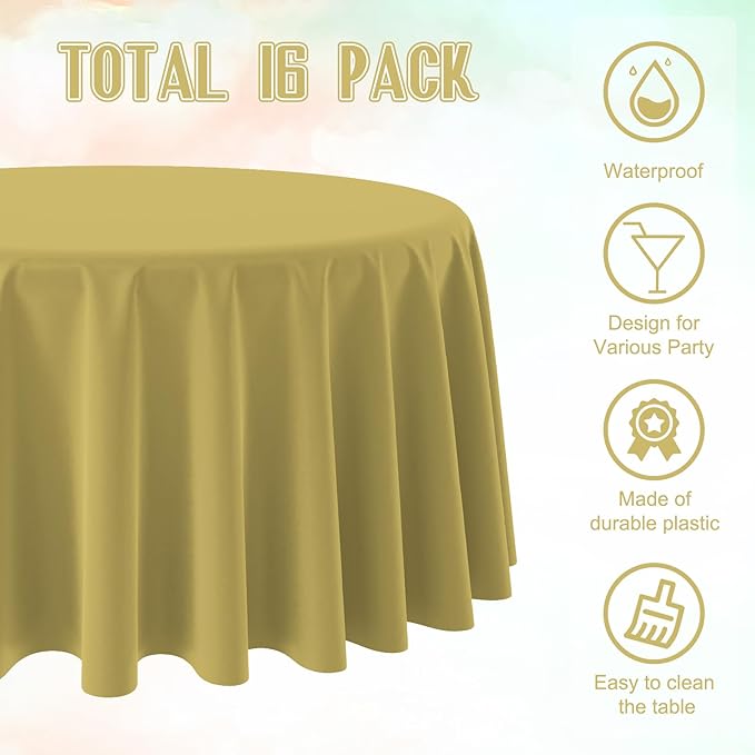 16 Pack Gold Plastic Tablecloth for Round Tables, Premium Decorative Gold Disposable Table Cloths for Parties, Bulk Round Party Table Cover for Birthday Wedding Anniversary Graduation, 84 Inch