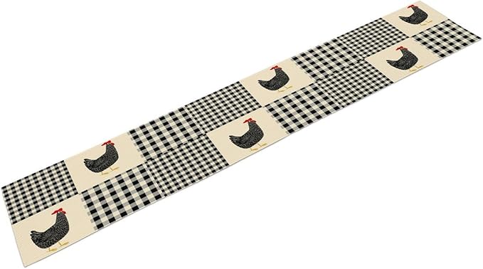 Farm Animal Table Runner, Chicken Hen Black White Buffalo Plaid Check Farmhouse Chick Table Runner for Home Kitchen Holiday Dining Party 13x90in