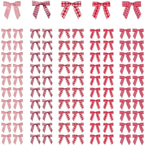 Meseey 100 Pcs 1.5 Inches Premade Gingham Craft Bows Self Adhesive Red/Pink/Hotpink Plaid Ribbon Bows for Treat Bags Gift Wrapping Basket Wedding Baby Shower Brithday Party (Red/Pink/Hotpink Plaid)