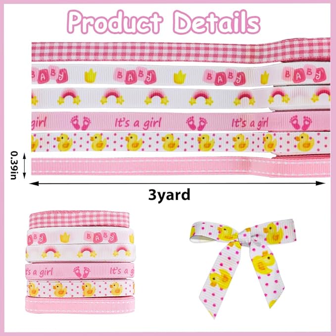 6 PCS 18 Yards 3/8" Baby Shower Ribbons Pink White Buffalo Plaid Grosgrain Ribbons It's a Girl Rainbow Feet Fabric Ribbon for DIY Baby Shower Birthday Gift Wrapping Decorations