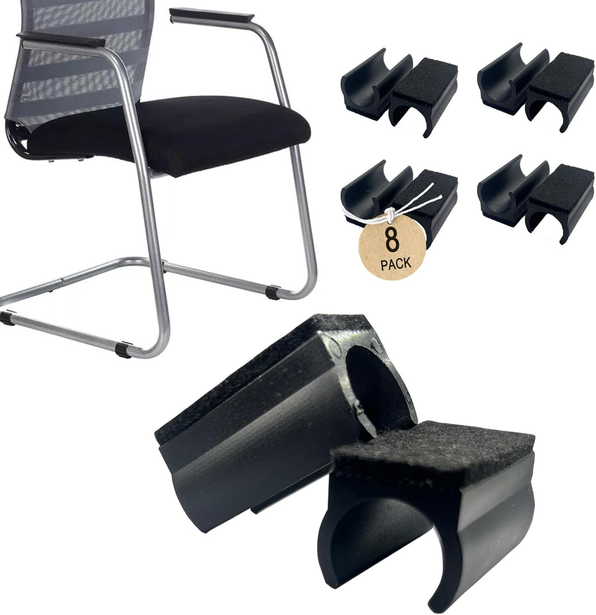 Rectangle U Shaped Chair Leg Tips Caps with Felt Pads,Furniture Feet Protectors Slide Smoothly Glides No Scratches No Noise Protect Hardwood Floors, Fit 19mm(3/4inch) Diameter Tubular Leg (Black 8PCS)