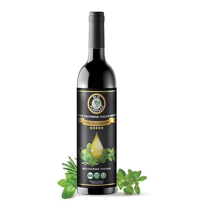 M.G. Pappas High Polyphenol Tuscan Herb Infused Olive Oil Extra Virgin - Over 500mg/kg - Unfiltered First Cold Pressed Greek Evoo - Award Winning