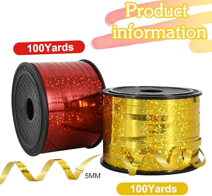 BEISHIDA 2 Pack 100 Yards Red Gold Ribbon Curling Crimped Glitter Balloon String Shiny Metallic for Gift Wrapping Birthday 2026 Graduation Lunar New Year Christmas Party Decorations