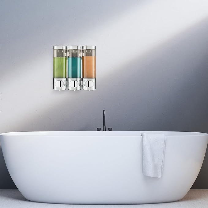 Pollock Shower Shampoo and Conditioner Dispenser, 3 Chamber No Drill Body Wash Dispenser for Bathroom, Large