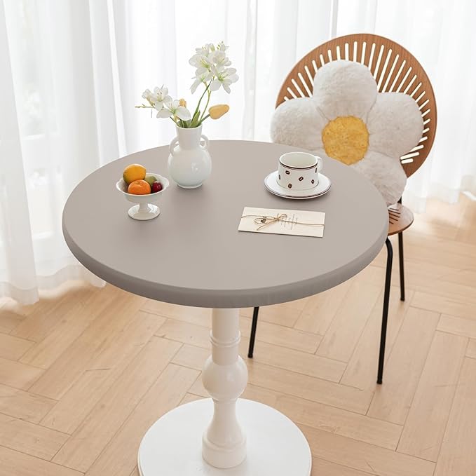 Round Fitted PU Tablecloth with High Elastic Edge 28 Inch Dia Waterproof Oil Proof Table Cloth Anti-Scald Stain-Resistant Wipeable Table Cover for Indoor Outdoor Picnic (Grey,28" Dia)