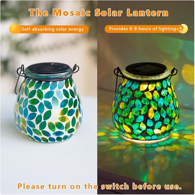 Starsoul 4 Pack Solar Lanterns Outdoor Waterproof, Unique Green Mosaic Glass Solar Garden Lights, Decorative Outdoor Lantern for Outside Patio Pathway Porch Yard Table