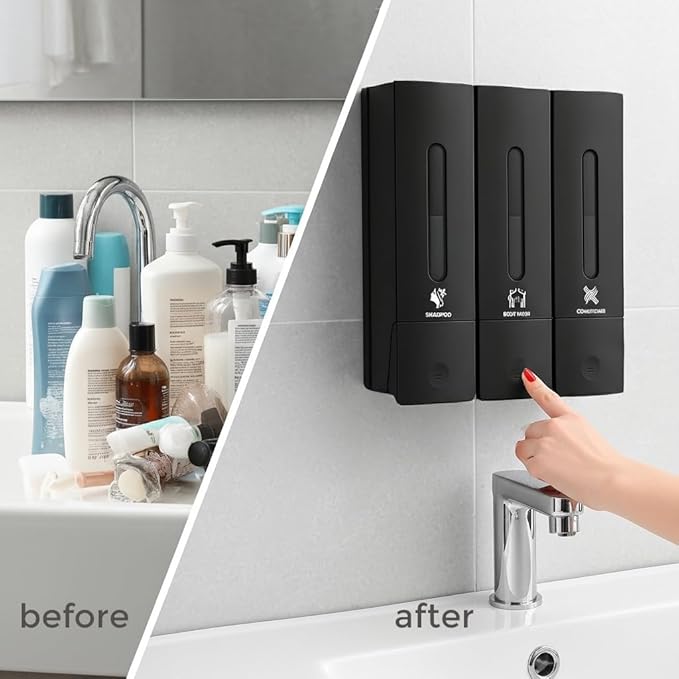 Soap Dispenser - 3 Chamber - 3x400ml - No Drill Wall Mount Bottles Organizer Toiletries for Cream Lotion Liquid Soaps Shampoo Conditioner Storage - Modern Essentials Bathroom Set - Black 2